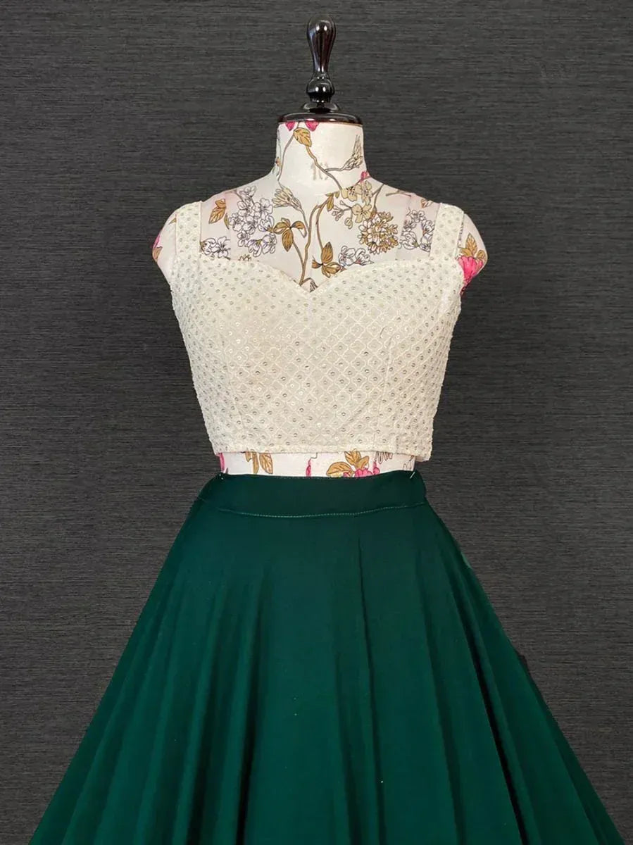 White embroidered crop top with green pleated skirt, ethnic wear for women