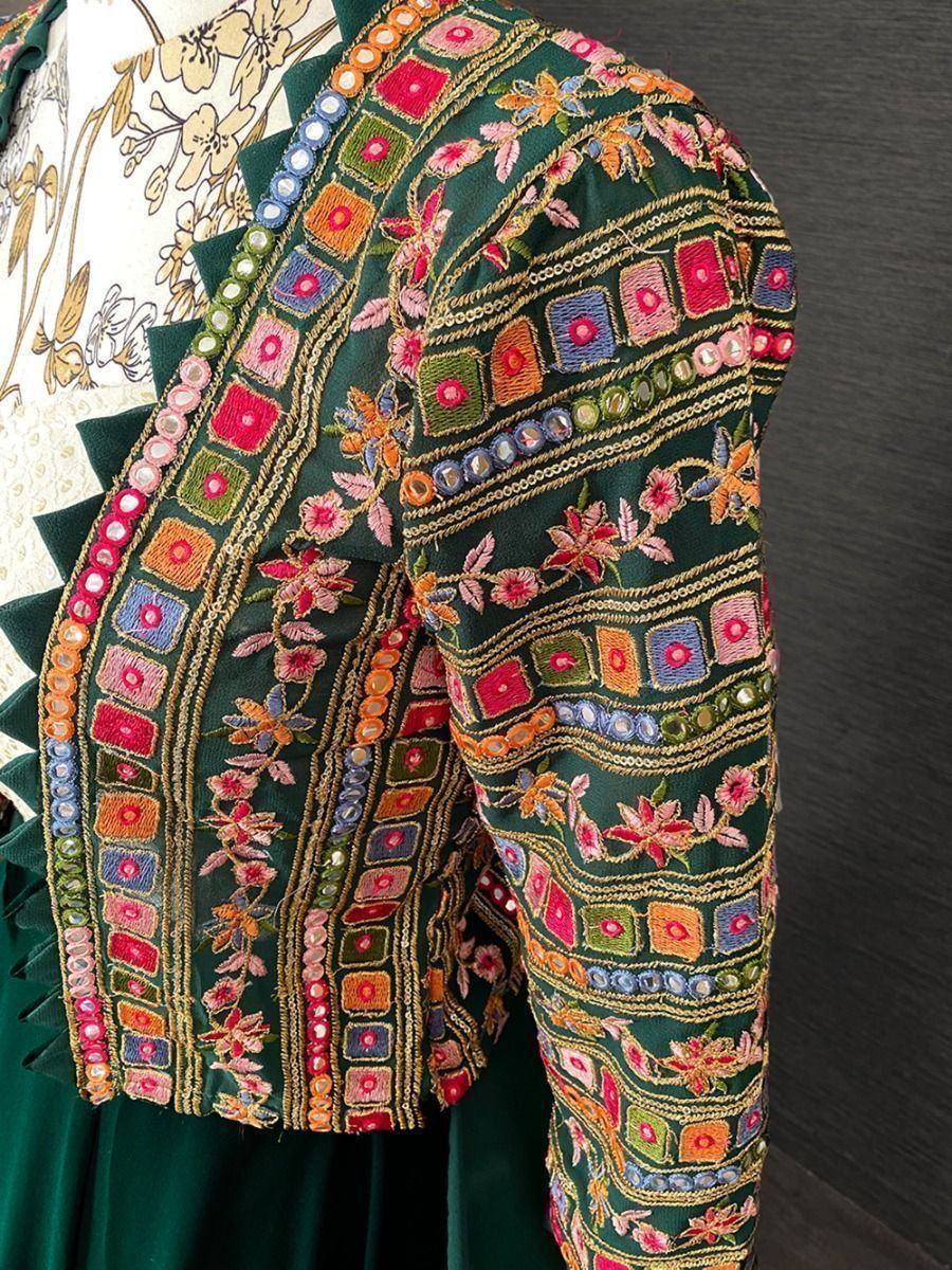 Green embroidered ethnic jacket with floral and geometric patterns, perfect for lehenga choli or saree