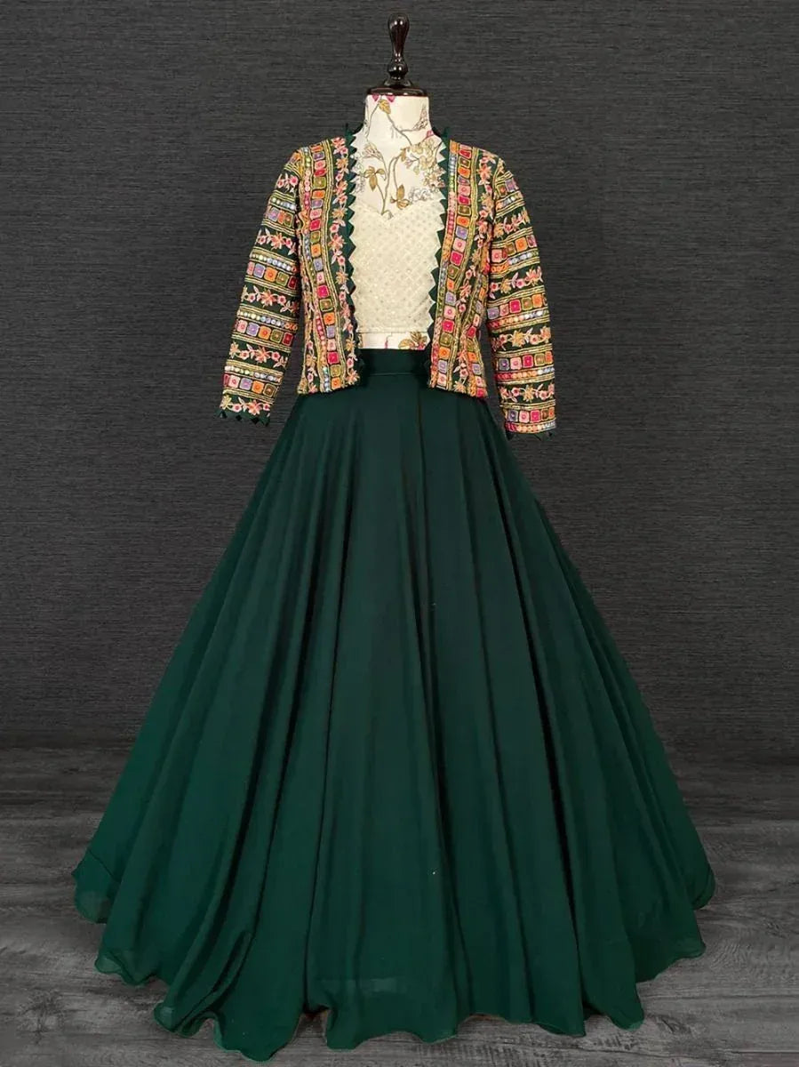 Emerald green ethnic gown with embroidered jacket, perfect for Indian festive occasions