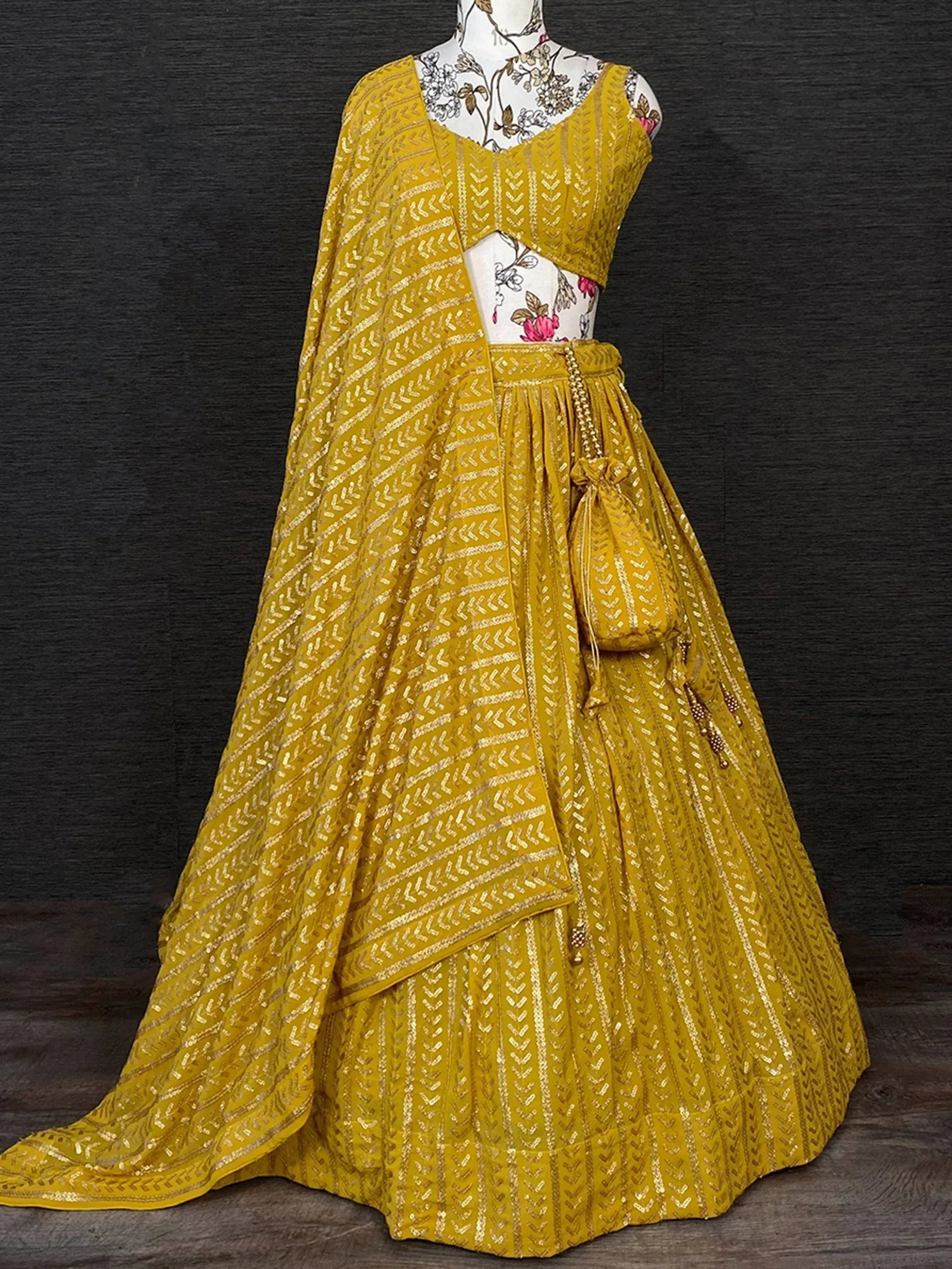 Mustard yellow lehenga choli with gold geometric print, perfect for Indian ethnic wear occasions