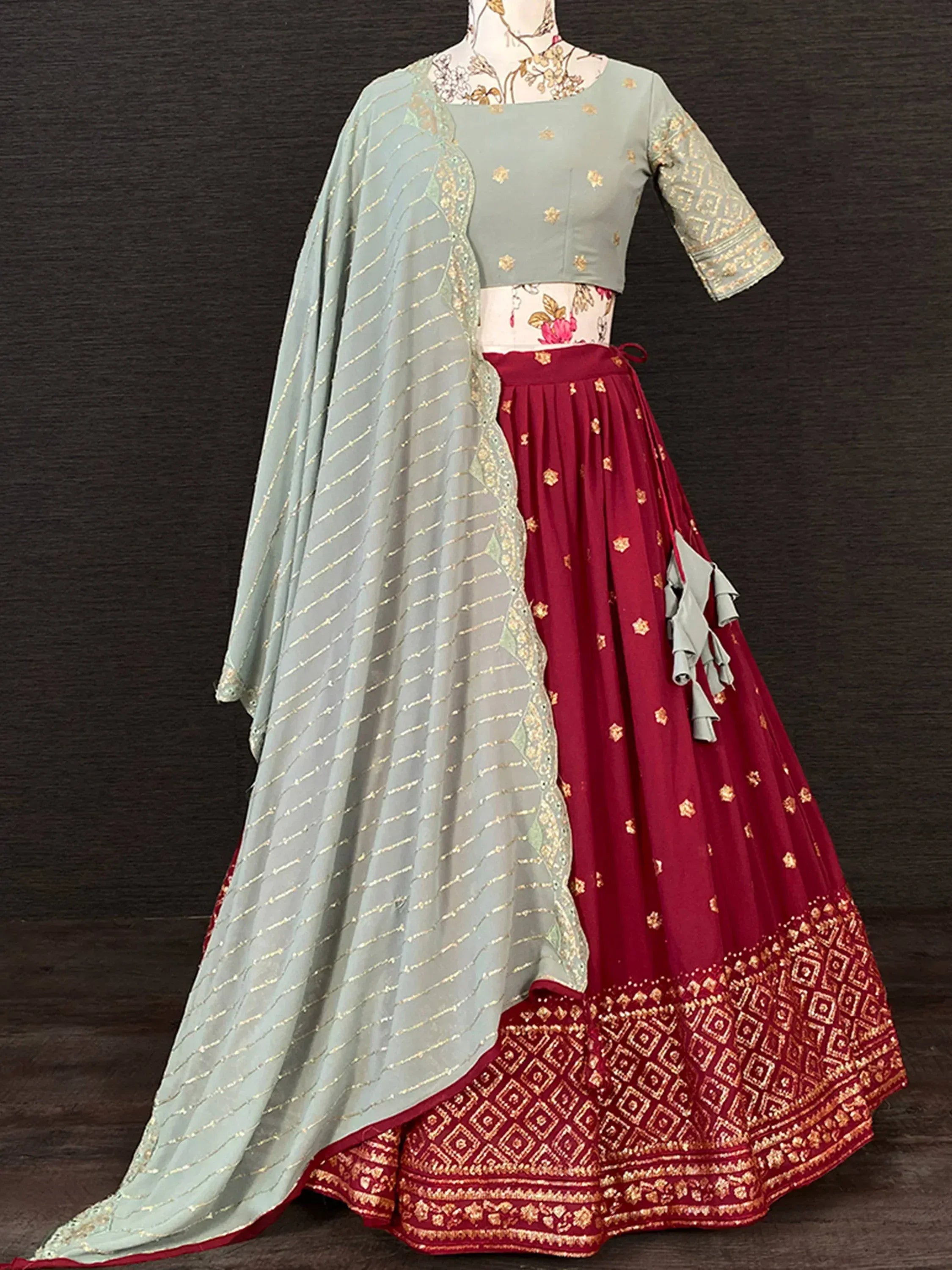 Grey and maroon embroidered lehenga choli with dupatta, Indian ethnic wear for women