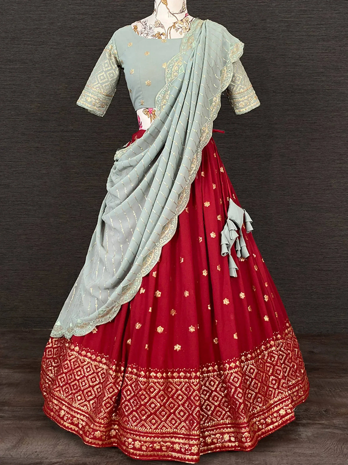 Red and mint green designer lehenga choli with gold embroidery and ruffled dupatta, ethnic wear