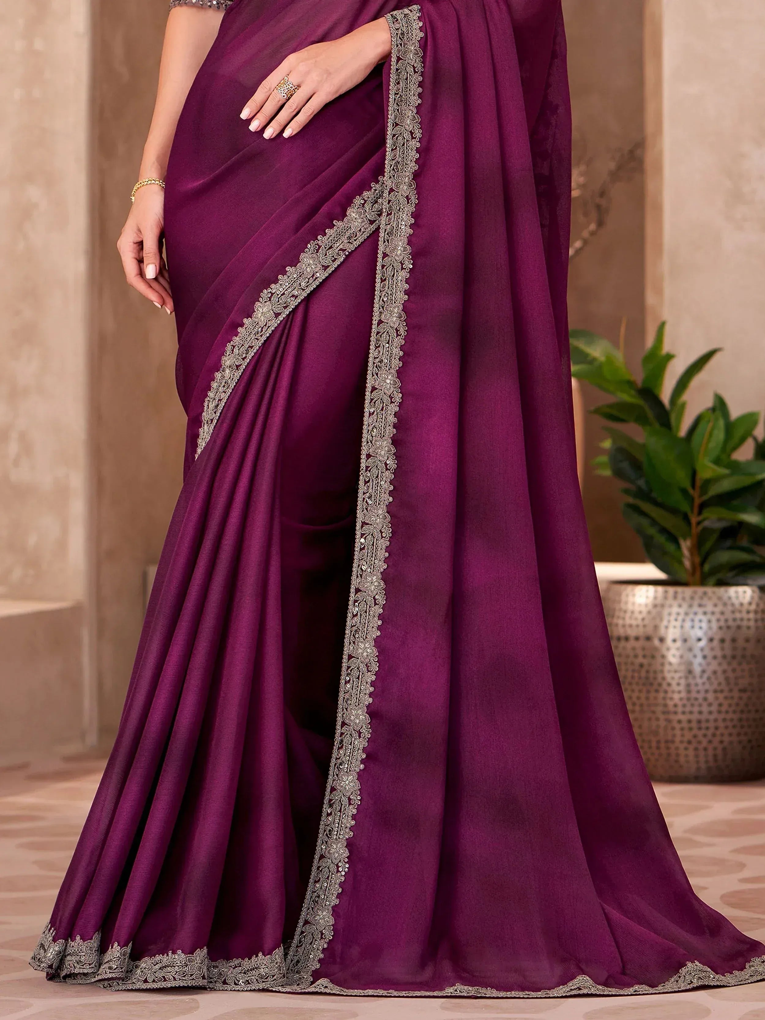 Purple saree with silver embroidery, elegant Indian ethnic wear for women