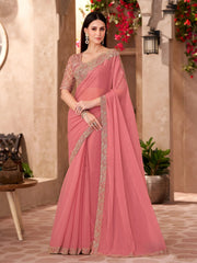 Impressive Peach Georgette Border Work Festival Wear Saree With Blouse