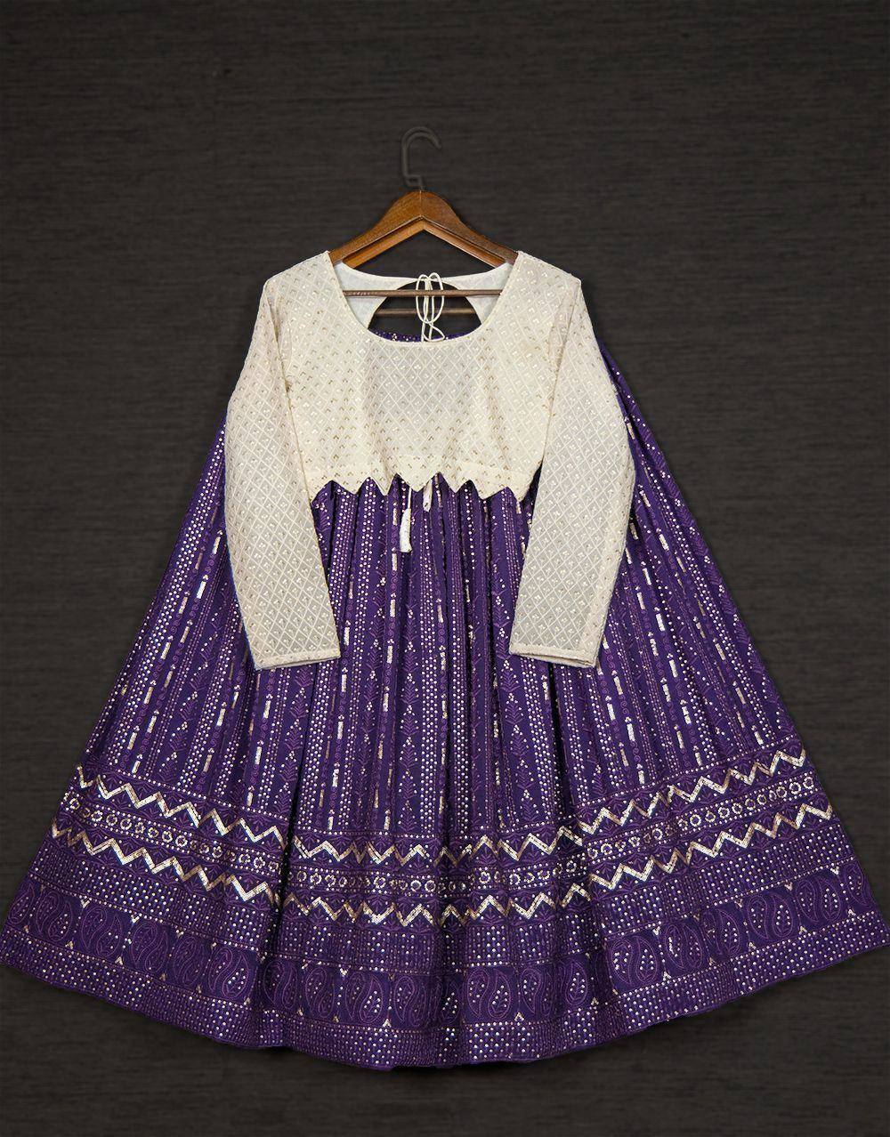 Purple and cream ethnic anarkali gown with gold embroidery, perfect for Indian festive wear