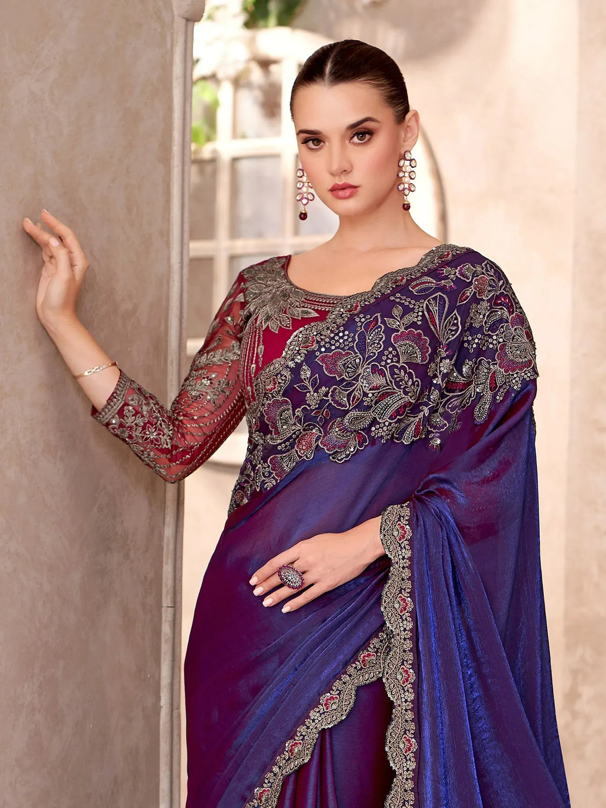 Elegant purple saree with intricate floral embroidery and matching blouse for Indian ethnic wear