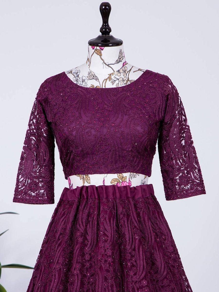 Purple lace ethnic gown with 3/4 sleeves, perfect for Indian occasions and parties