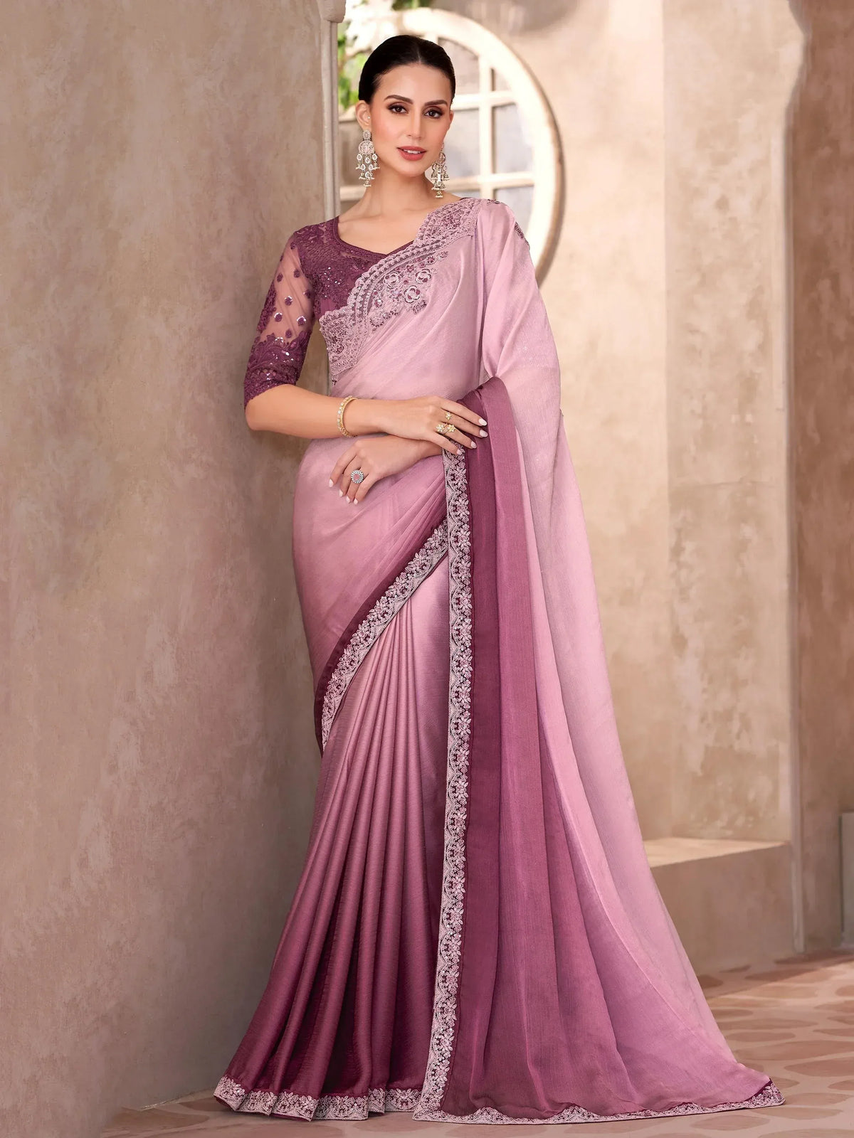 Elegant mauve saree with lace and sequin blouse, perfect for Indian ethnic occasions