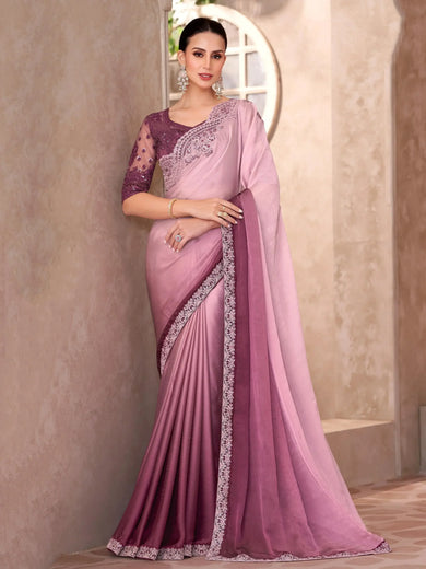 Delicate Baby Pink Chiffon Designer Ombre Saree With Blouse