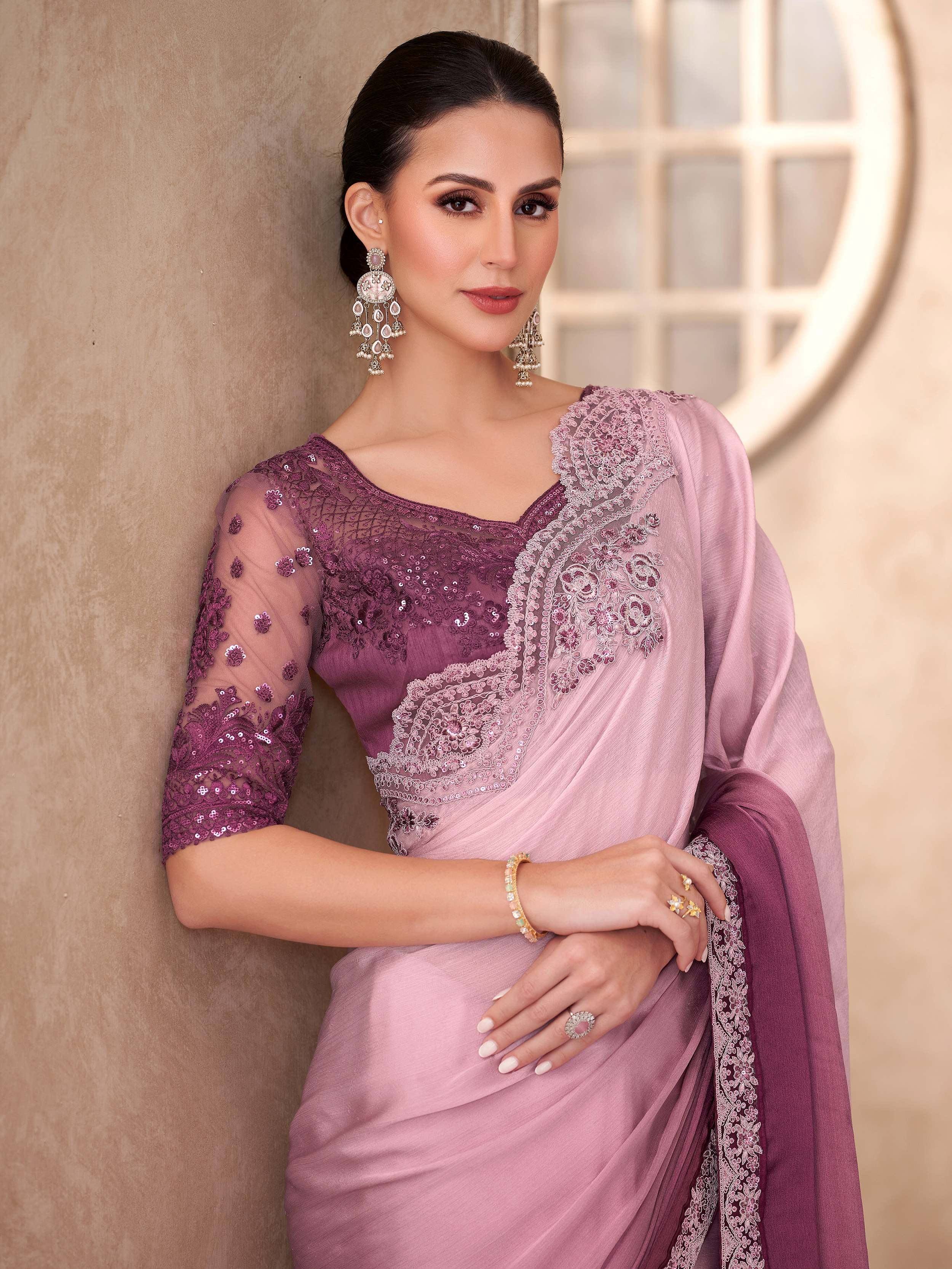 Elegant purple and pink saree with sequin and lace embroidery, perfect for Indian ethnic occasions