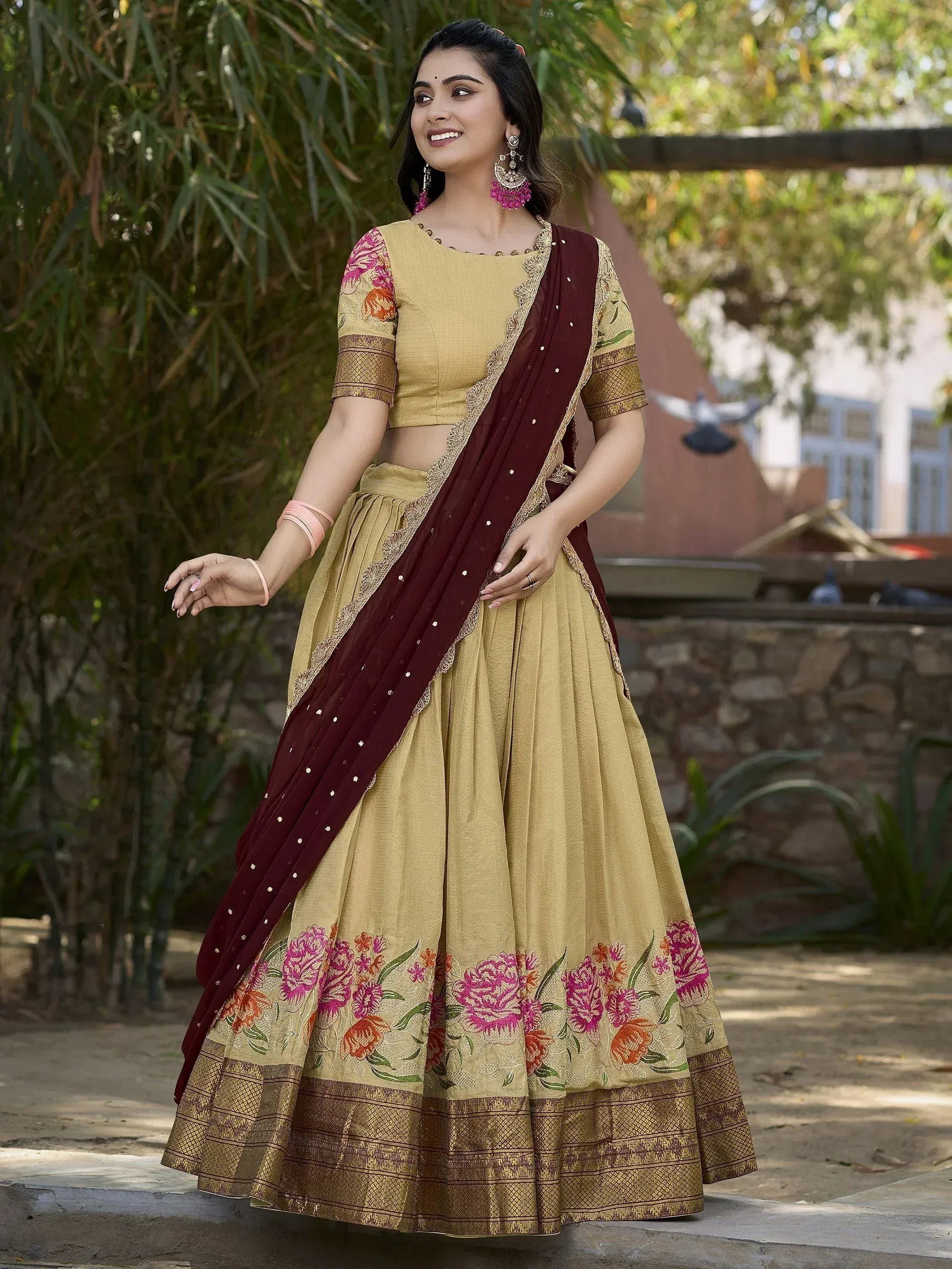Mustard floral lehenga choli with maroon dupatta, ethnic Indian wear for women
