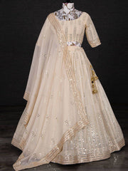 Alluring Cream Sequins Embroidered Georgette Festive Lehenga Choli