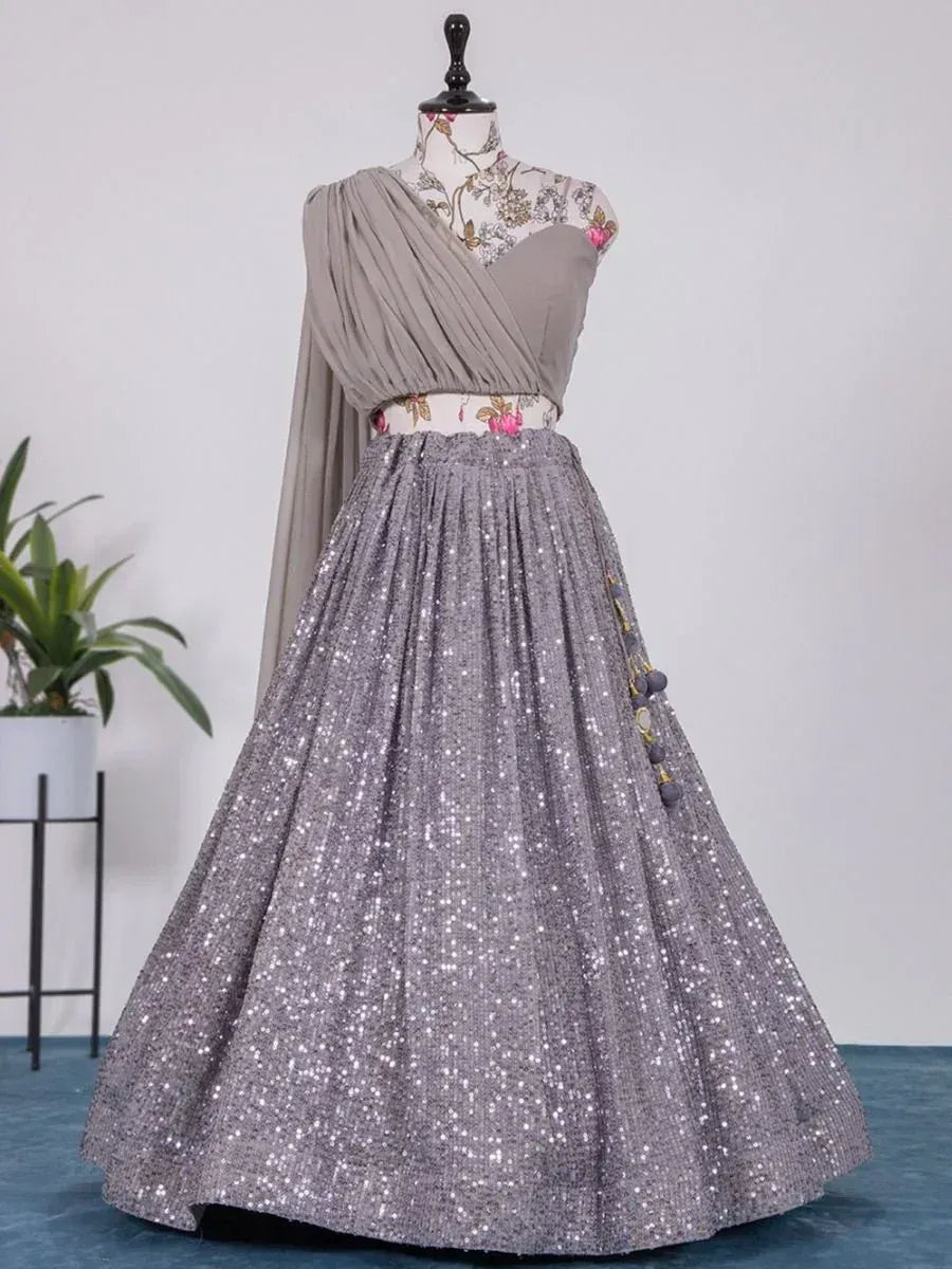 Grey sequin lehenga choli with floral blouse and draped cape, Indian ethnic wear