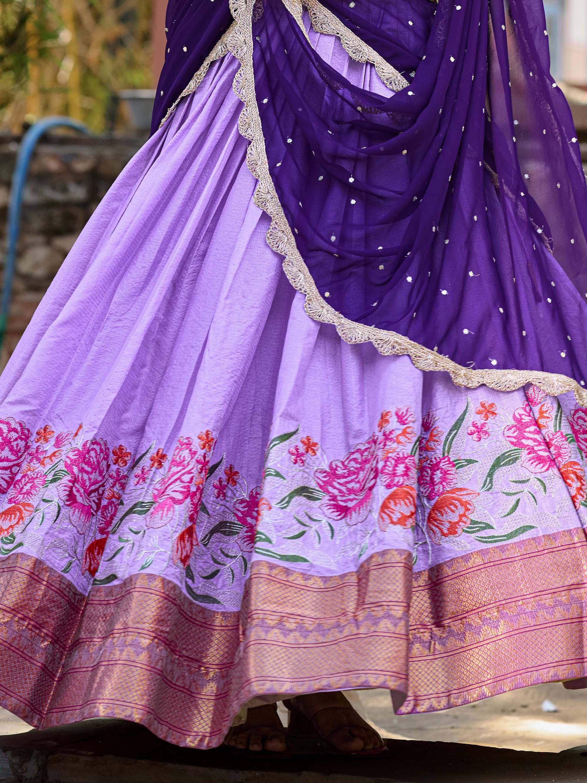 Purple floral embroidered lehenga choli with gold border and dupatta, Indian ethnic wear