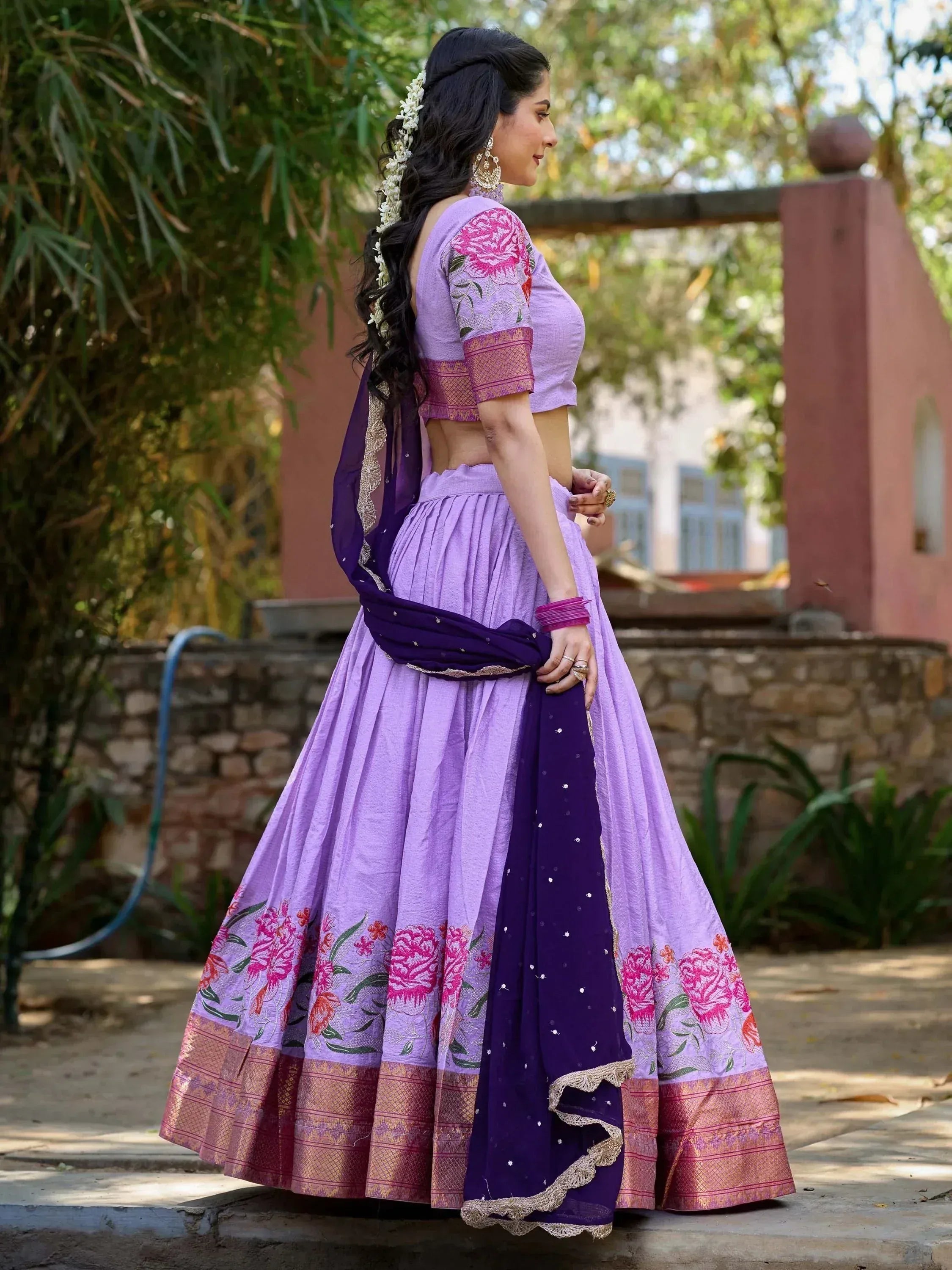 Purple floral lehenga choli with embroidered blouse and dupatta, perfect for Indian ethnic occasions