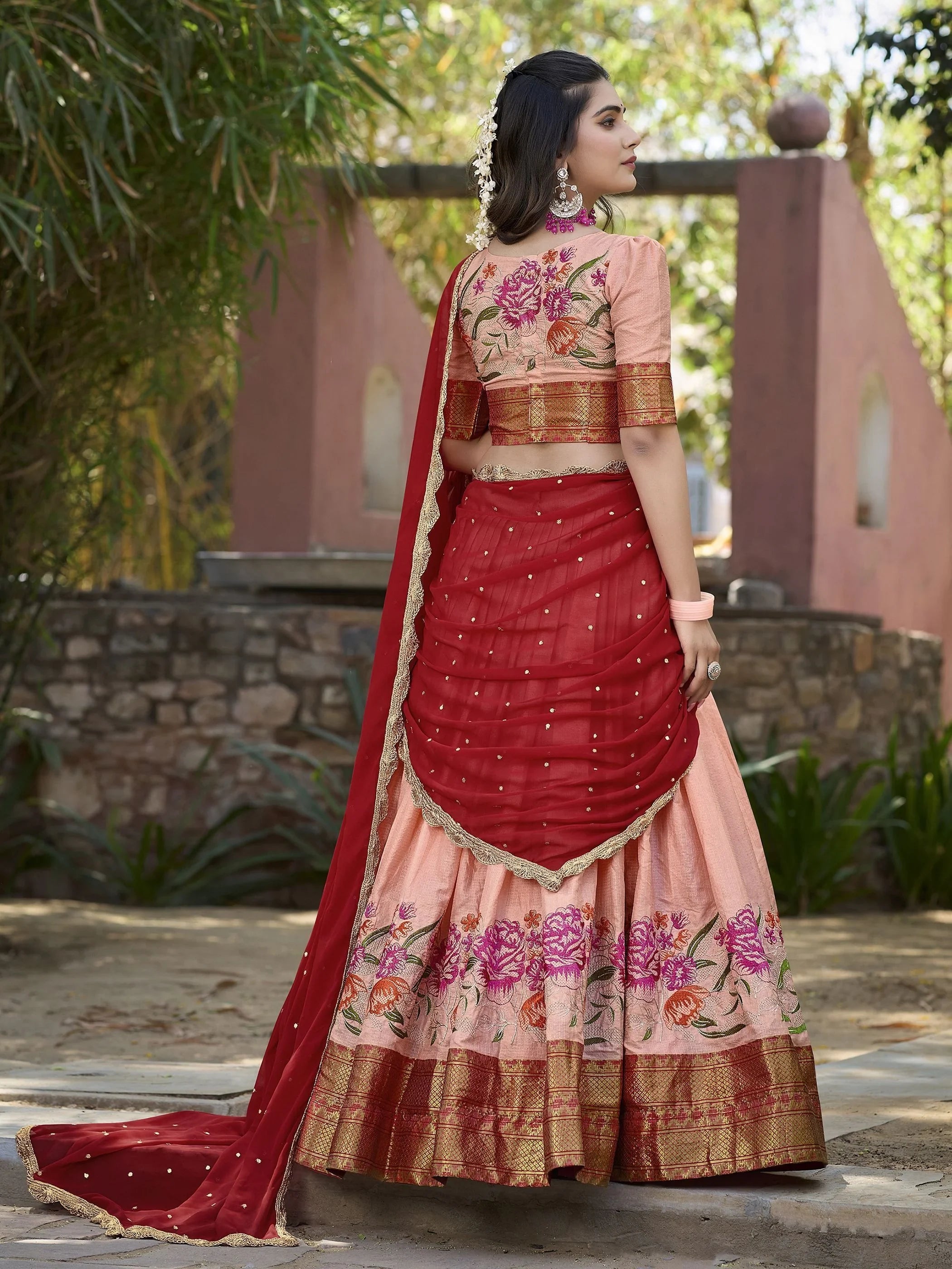 Attractive Peach Embroidered Cotton Event Wear Half Saree Lehenga