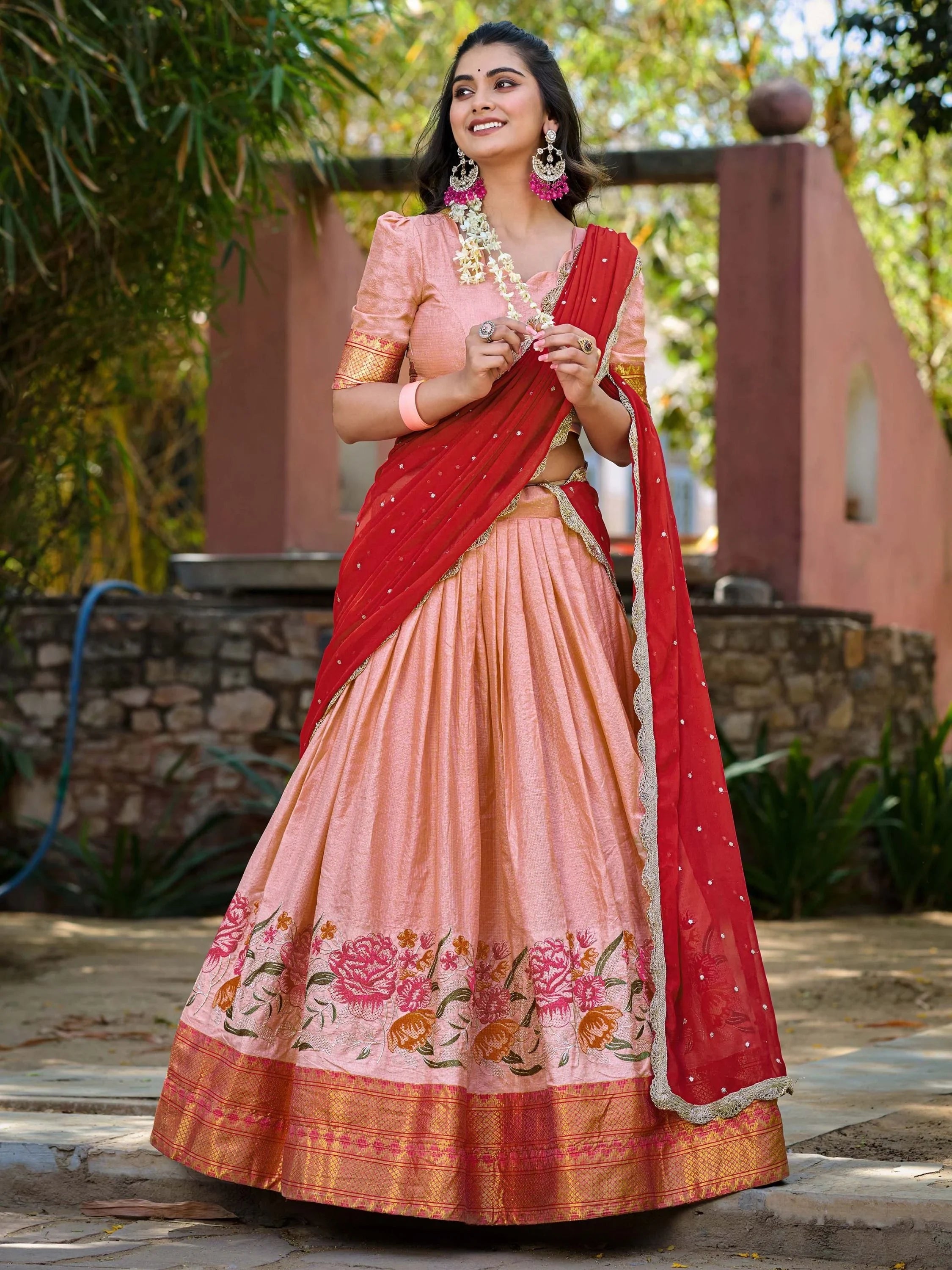 Attractive Peach Embroidered Cotton Event Wear Half Saree Lehenga