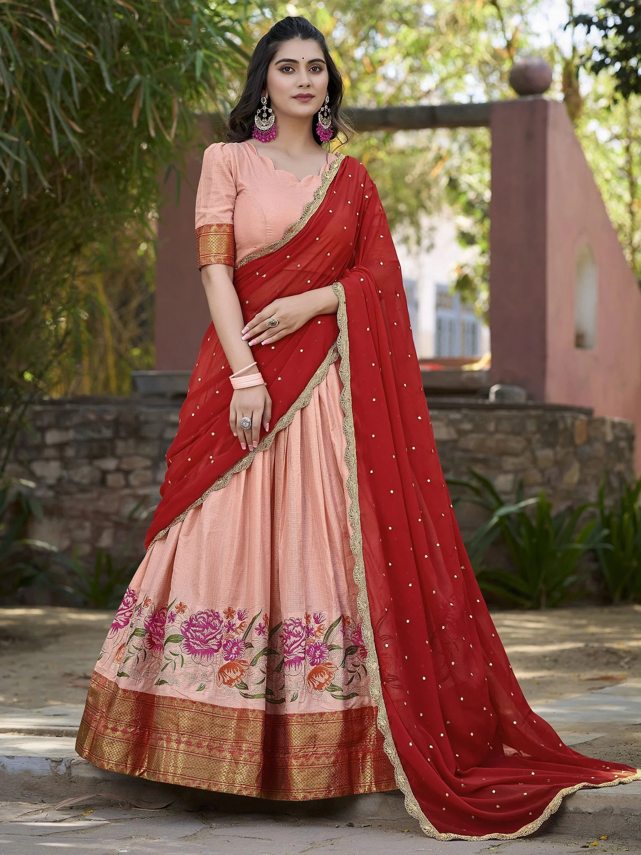 Attractive Peach Embroidered Cotton Event Wear Half Saree Lehenga