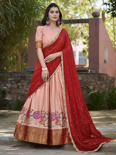 Attractive Peach Embroidered Cotton Event Wear Half Saree Lehenga