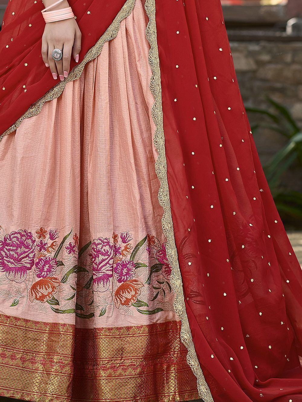Attractive Peach Embroidered Cotton Event Wear Half Saree Lehenga