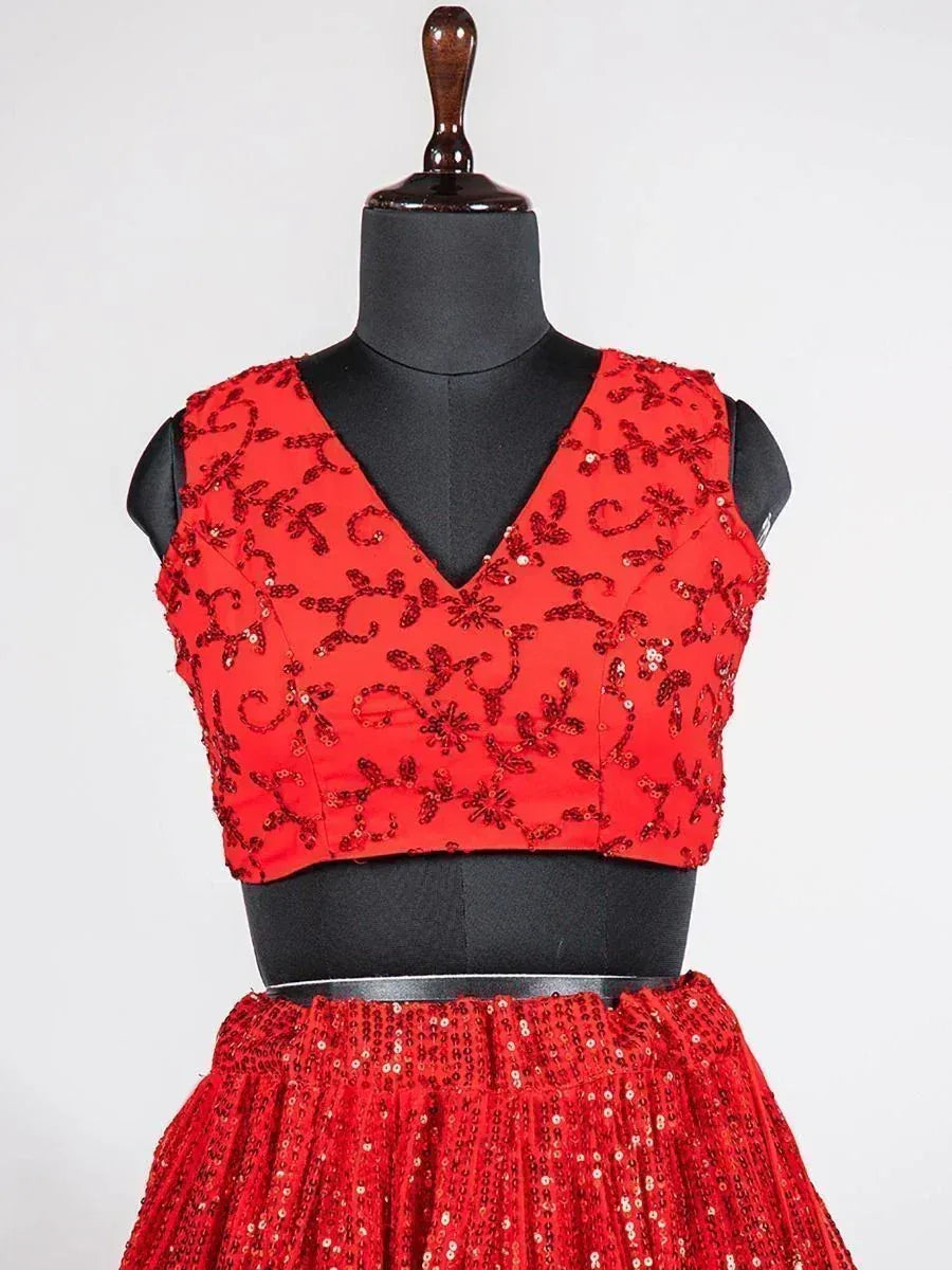 Red sequin lehenga choli with floral embroidery, perfect for Indian ethnic wear events