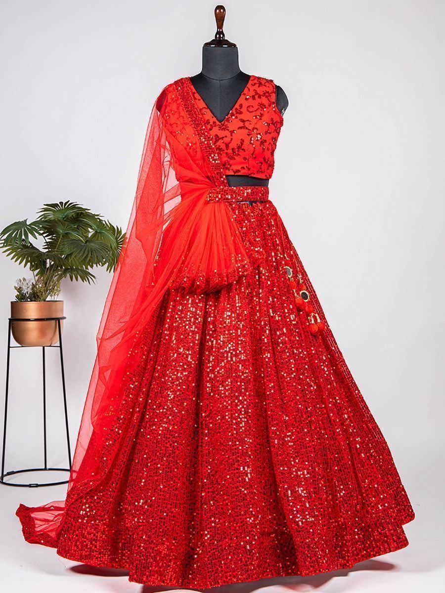 Red sequined lehenga choli with sheer dupatta, perfect for Indian weddings and festive occasions