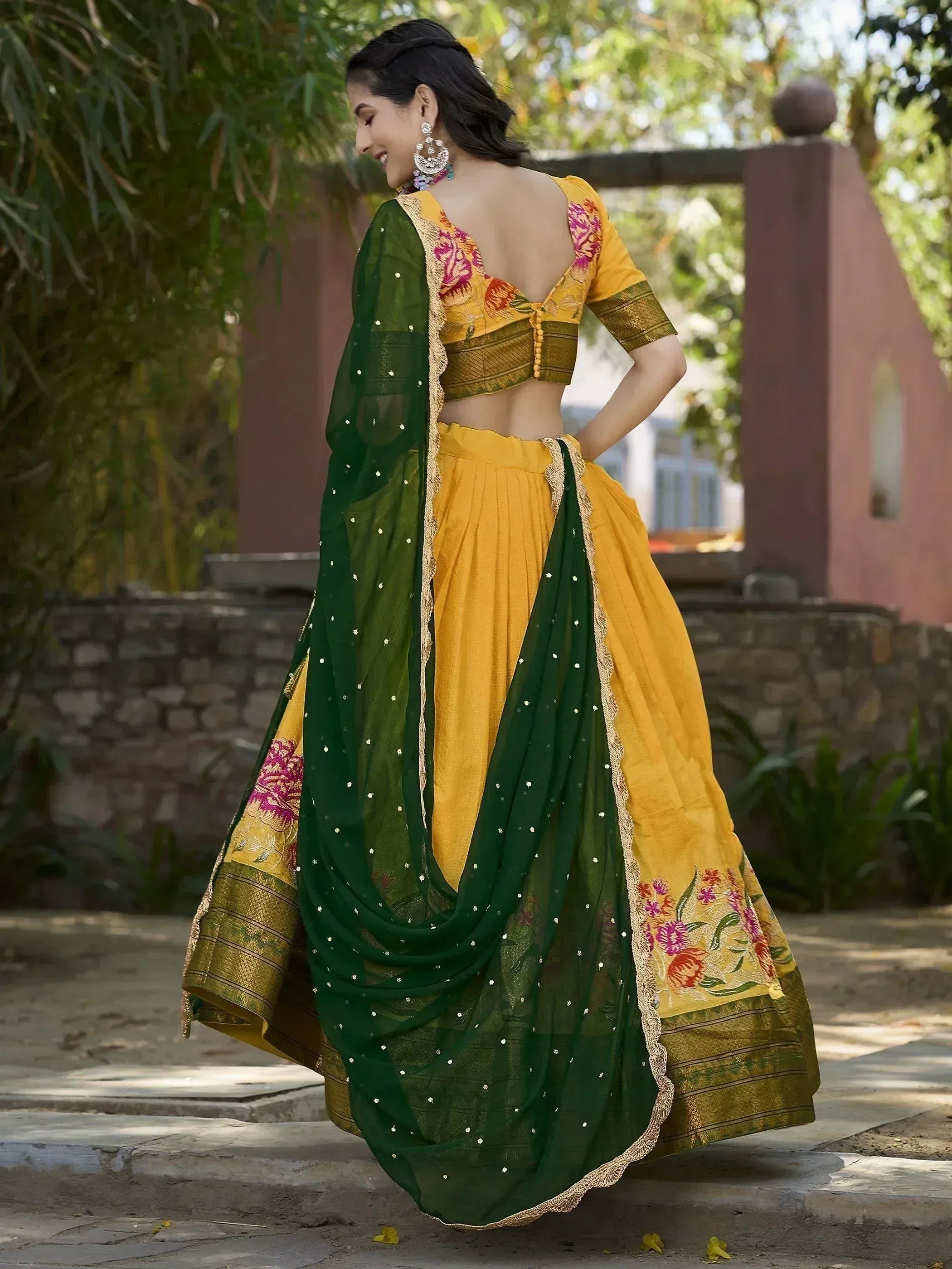 Yellow floral lehenga choli with green dupatta, ethnic Indian wear for women