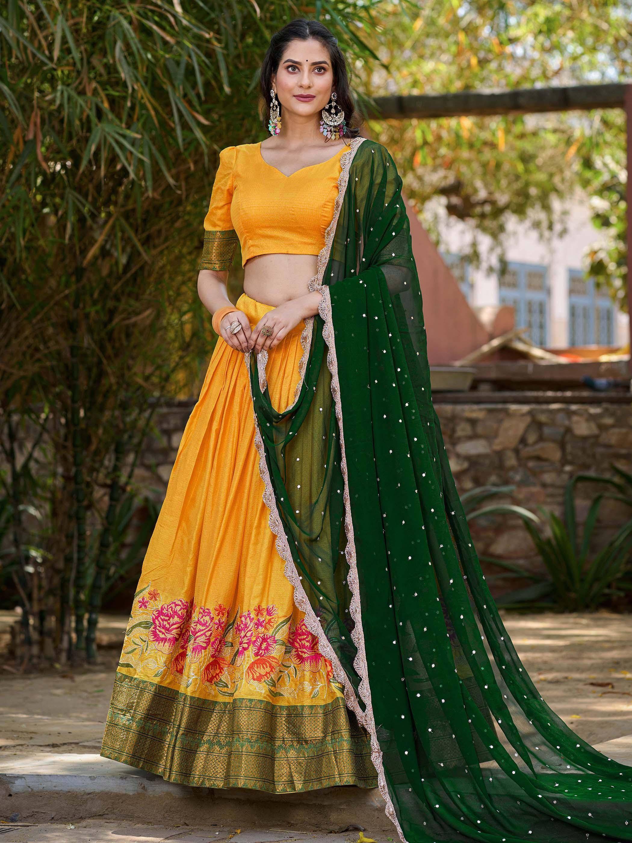 Yellow floral lehenga choli with green sequined dupatta, Indian ethnic wear for women