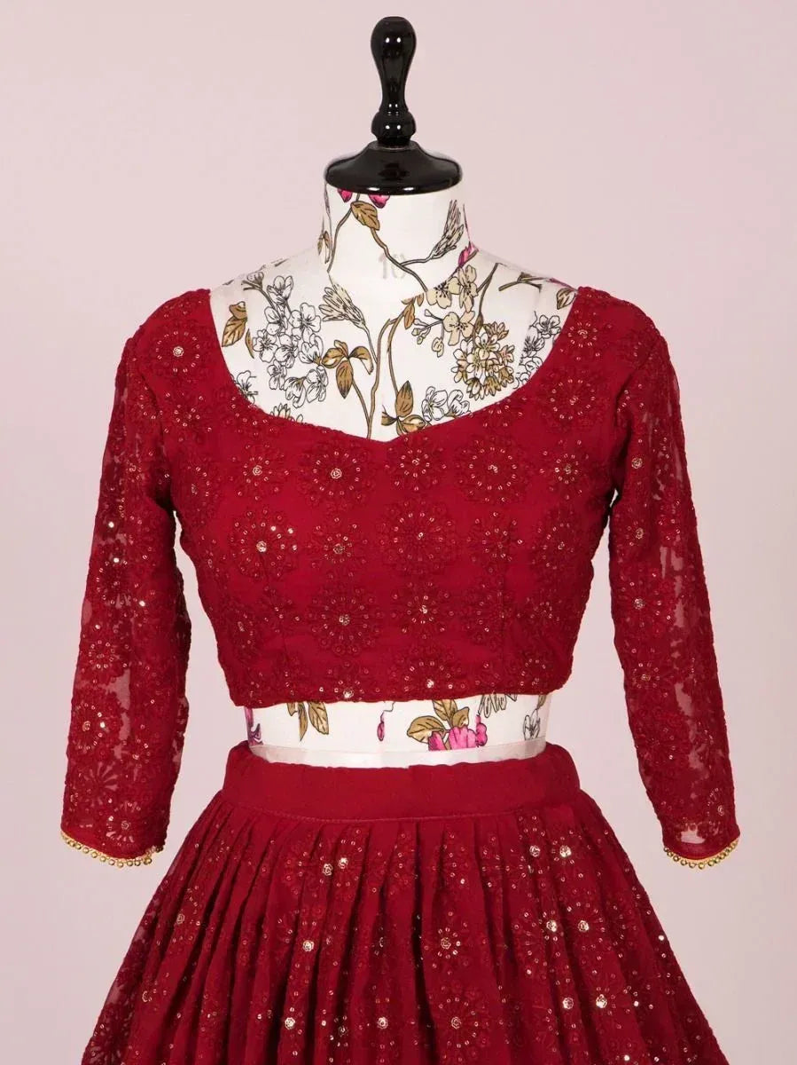 Red sequined lehenga choli with floral embroidery, perfect for Indian ethnic wear occasions
