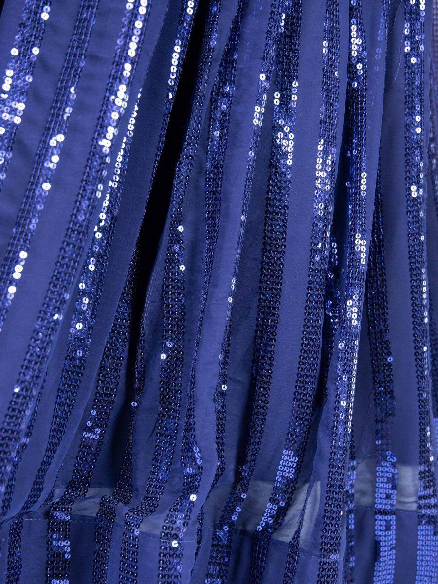 Navy blue sequin ethnic gown with shimmering vertical stripes, perfect for festive occasions.