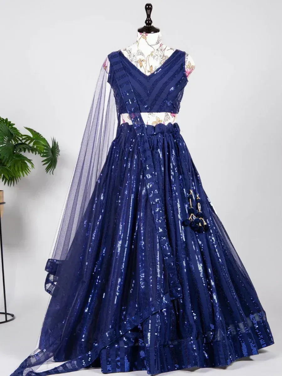 Navy blue sequin lehenga choli with sheer dupatta, perfect for Indian ethnic occasions and weddings