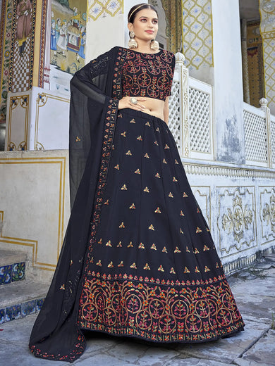 Phenomenal Navy Blue Sequins Embroidered Georgette Lehenga Choli