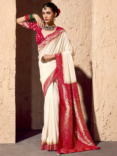 Stunning White Zari Weaving Georgette Festive Wear Saree With Blouse