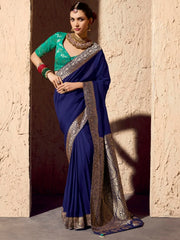 Amazing Blue Zari Weaving Georgette Wedding Wear Saree With Blouse