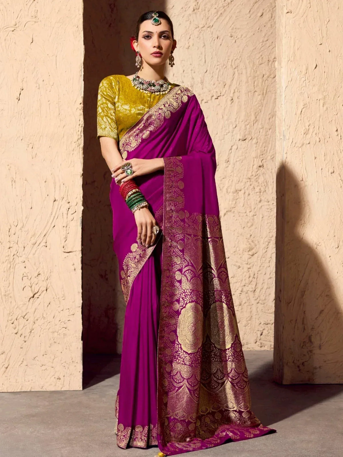 Purple and gold embroidered saree with yellow velvet blouse, traditional Indian ethnic wear