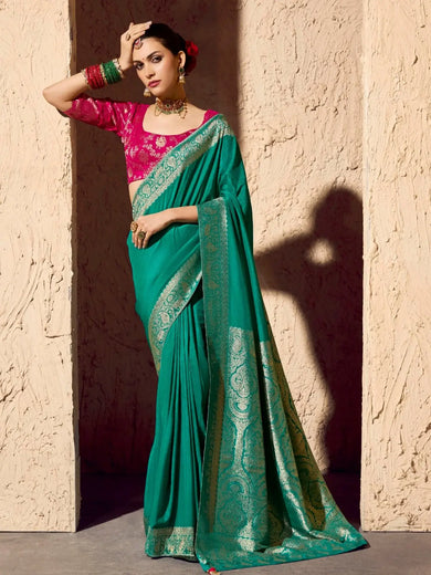 Awesome Green Zari Weaving Georgette Wedding Wear Saree With Blouse