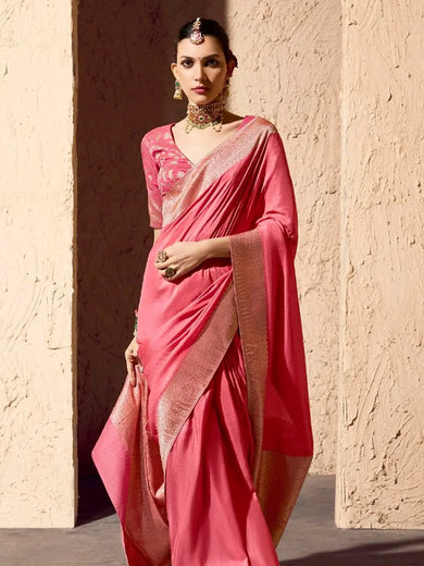 Fabulous Pink Zari Weaving Georgette Festive Wear Saree With Blouse