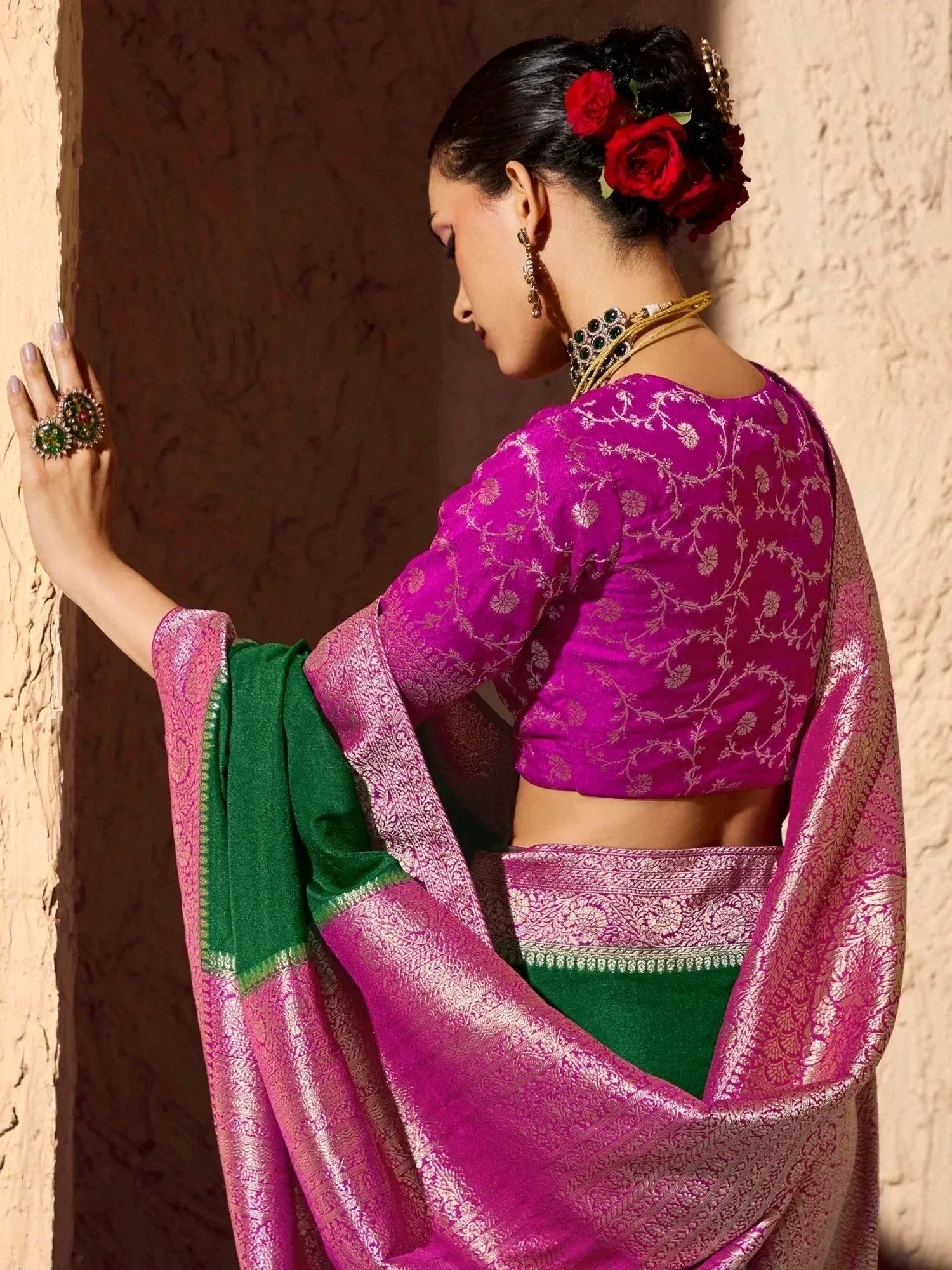 Gorgeous Green Zari Weaving Georgette Wedding Wear Saree With Blouse