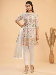 Marvelous Cream Multi-Thread Georgette Party Wear Anarkali Pant Suit
