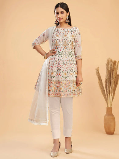 Marvelous Cream Multi-Thread Georgette Party Wear Anarkali Pant Suit