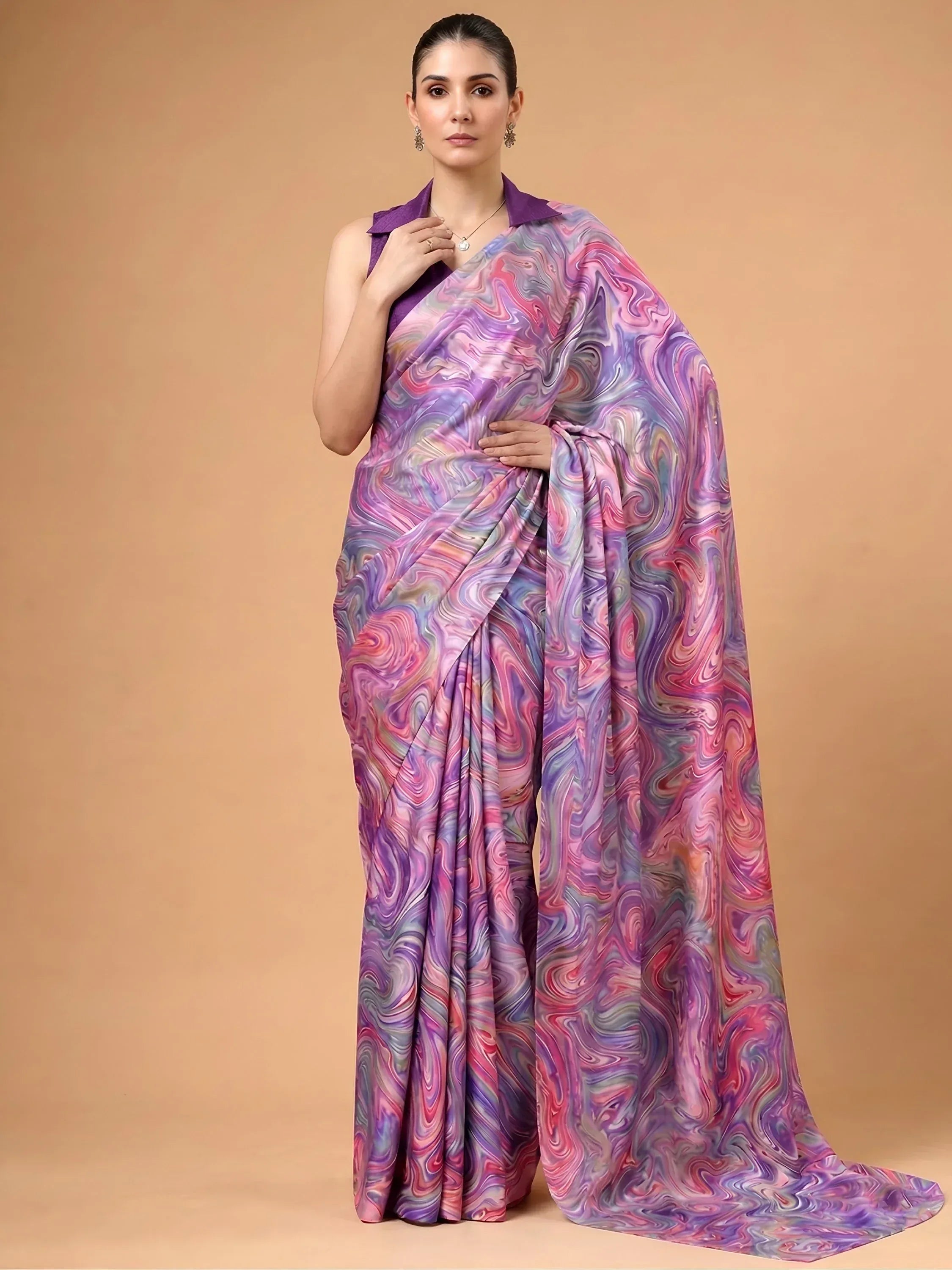 Charming Lavender Digital Printed Satin Festive Wear Saree With Blouse