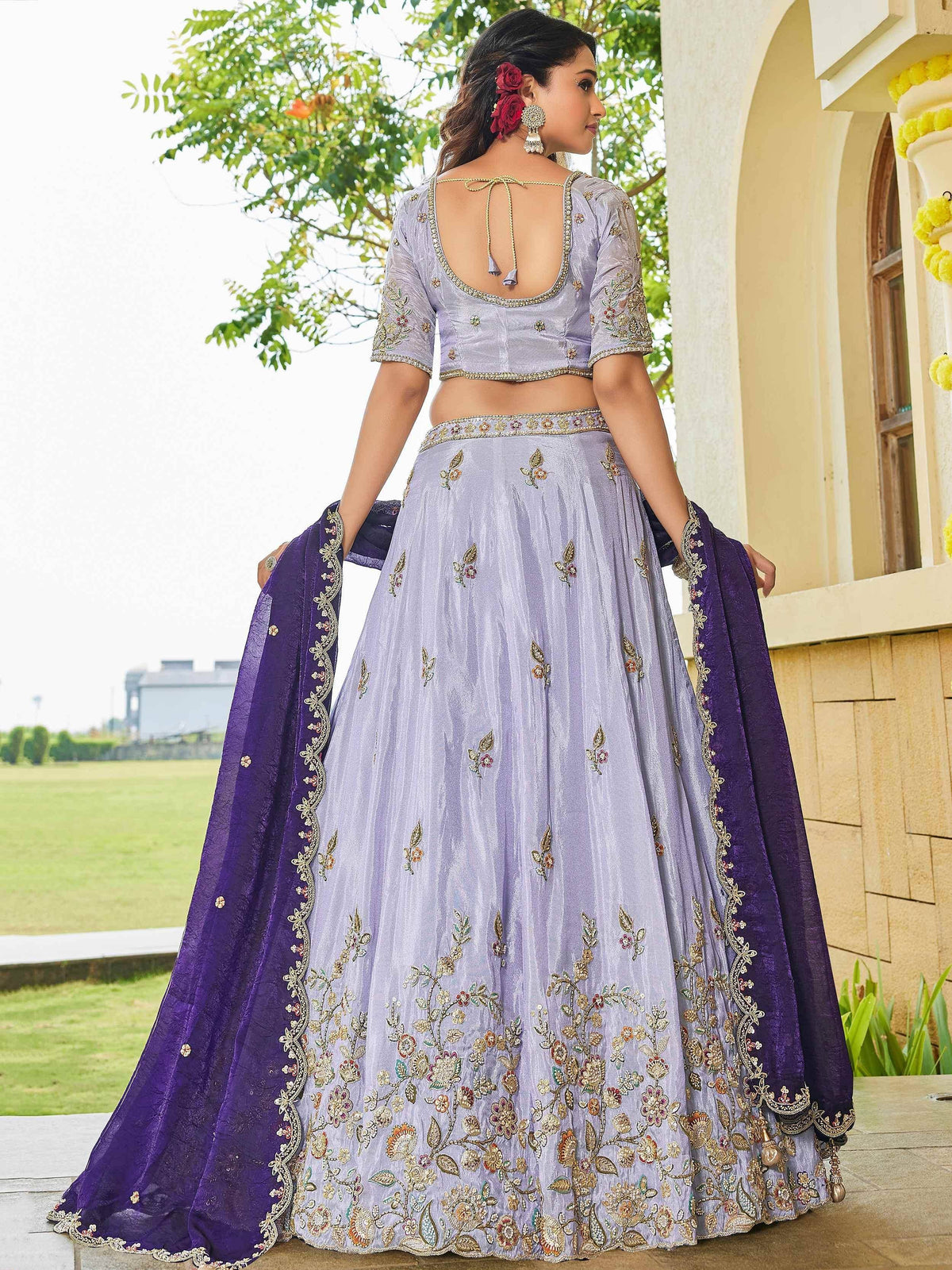 Lavender embroidered lehenga choli with purple dupatta, perfect for Indian ethnic wear occasions