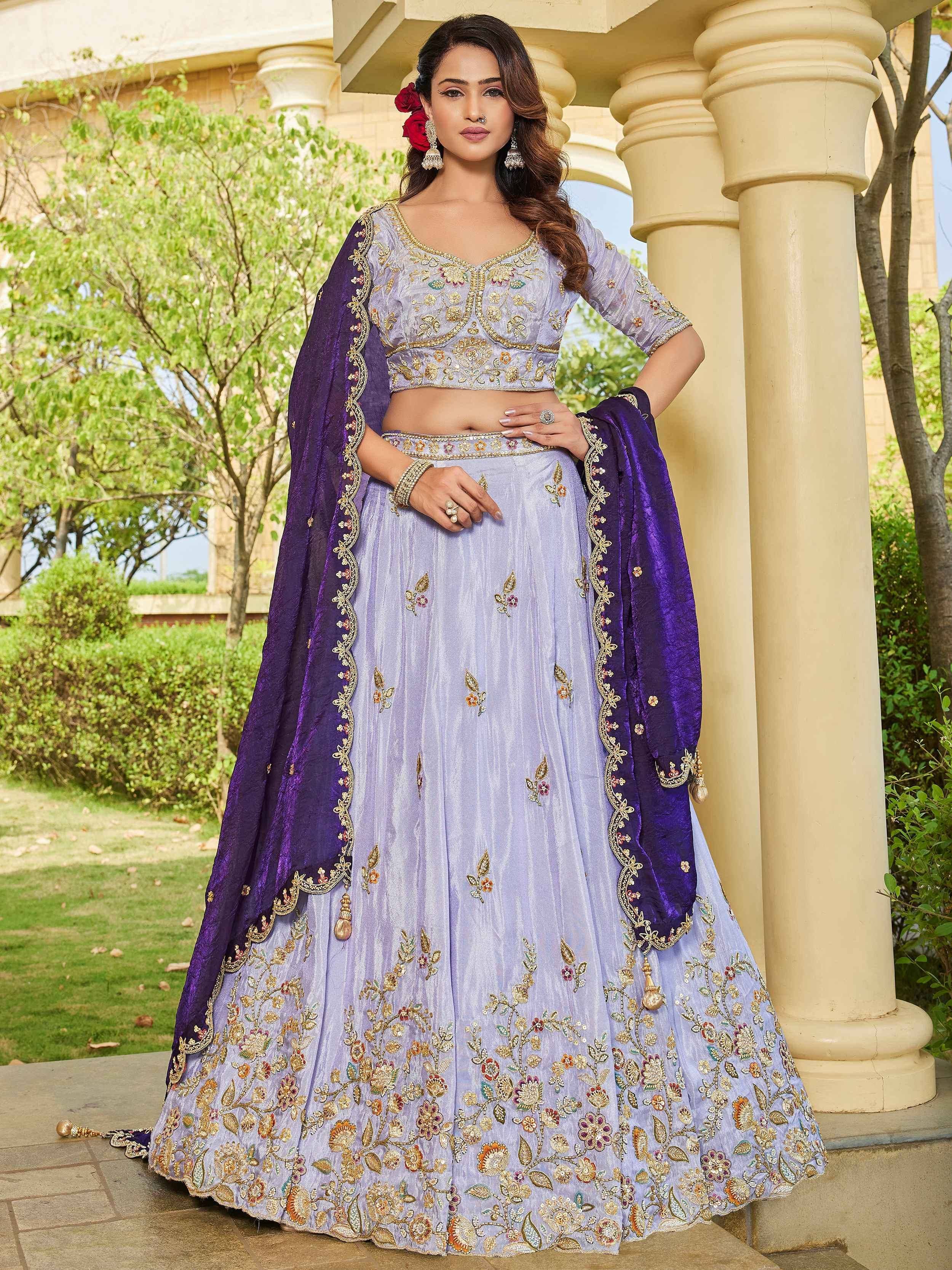 Stylish Lavender Embroidered Tissue Wedding Wear Lehenga Choli