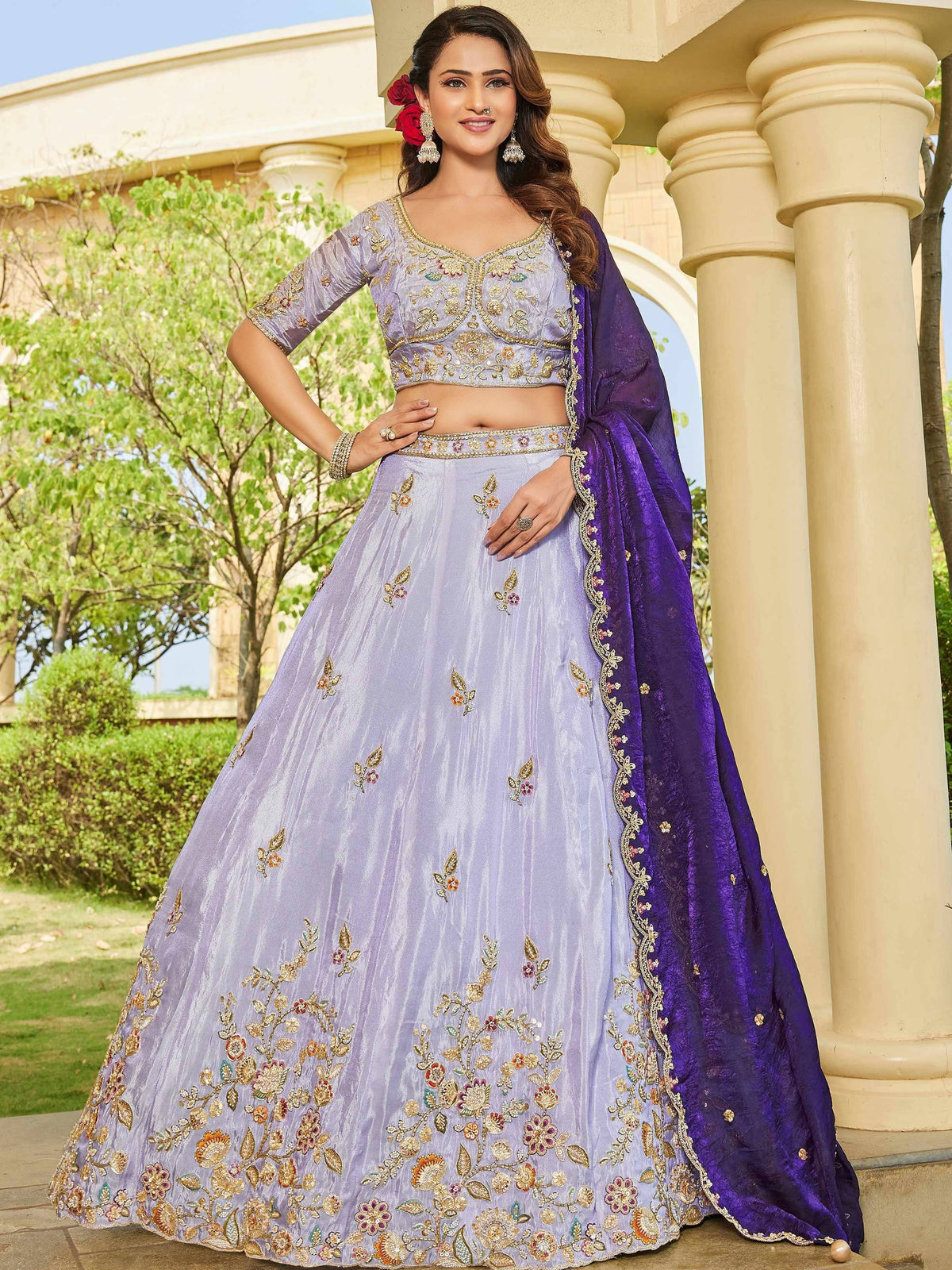 Stylish Lavender Embroidered Tissue Wedding Wear Lehenga Choli