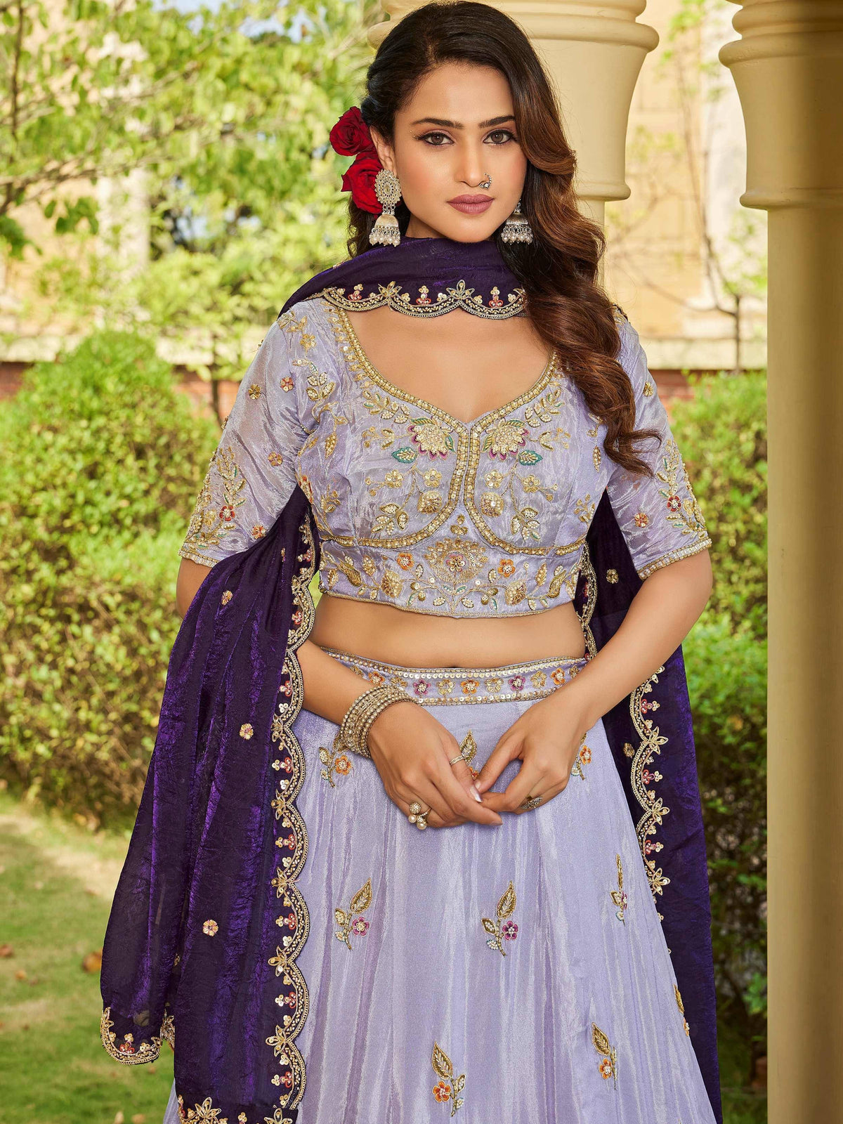 Lavender embroidered lehenga choli with purple dupatta, perfect for Indian ethnic occasions
