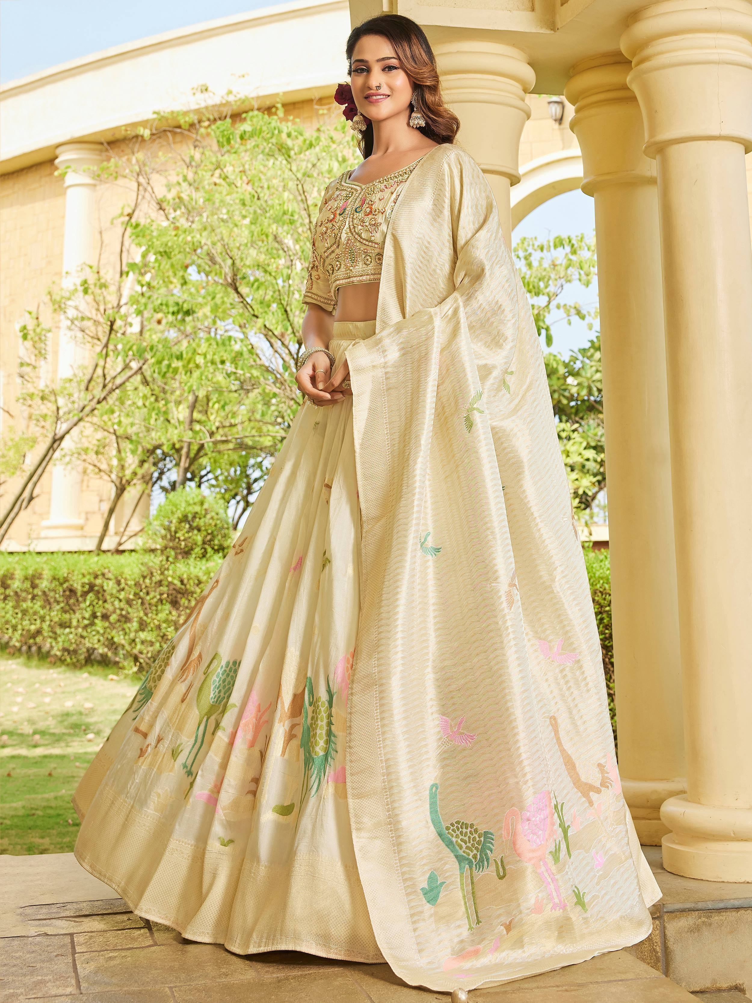 Gorgeous Cream Zari Weaving Silk Wedding Wear Lehenga Choli