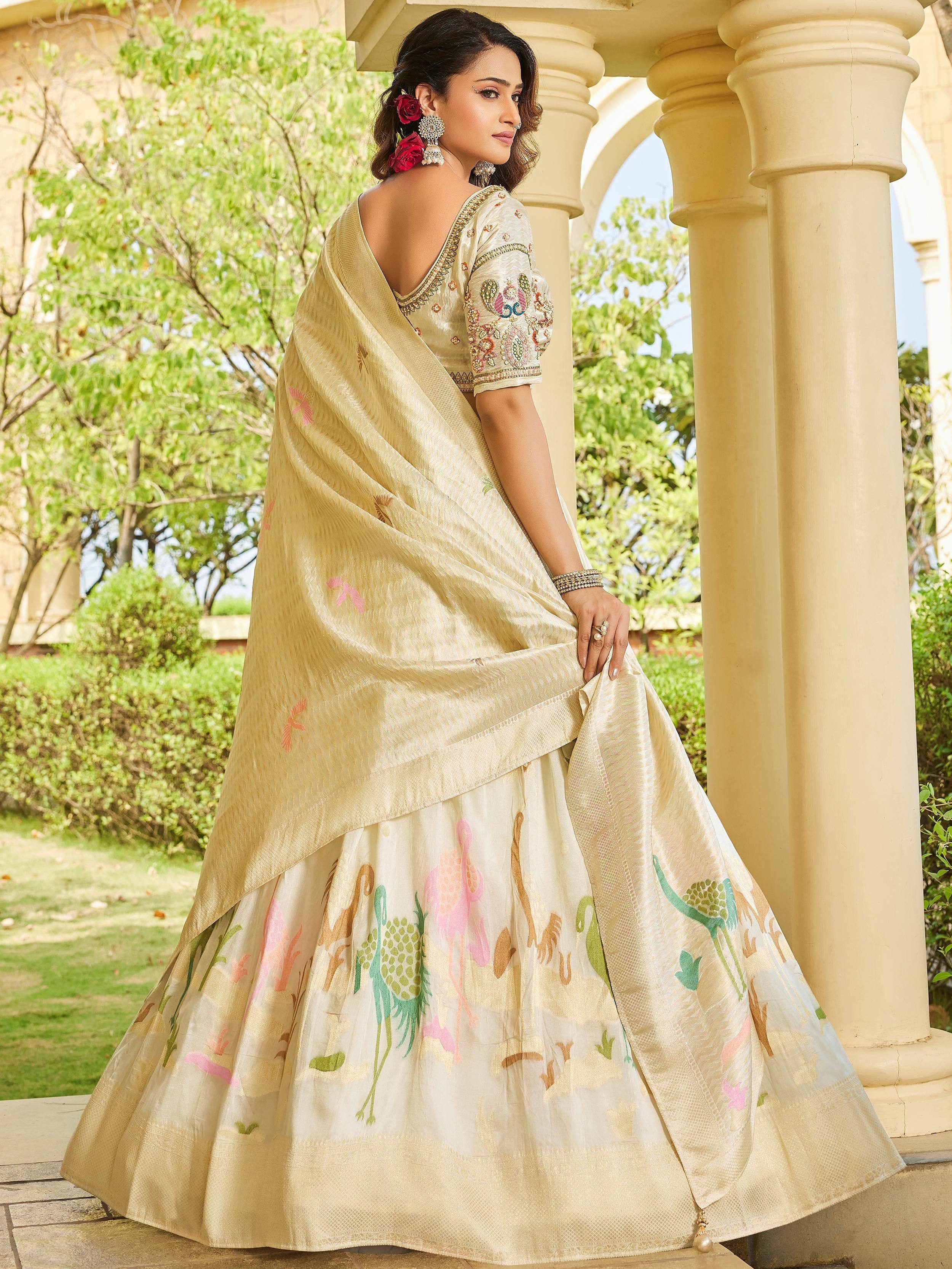 Gorgeous Cream Zari Weaving Silk Wedding Wear Lehenga Choli