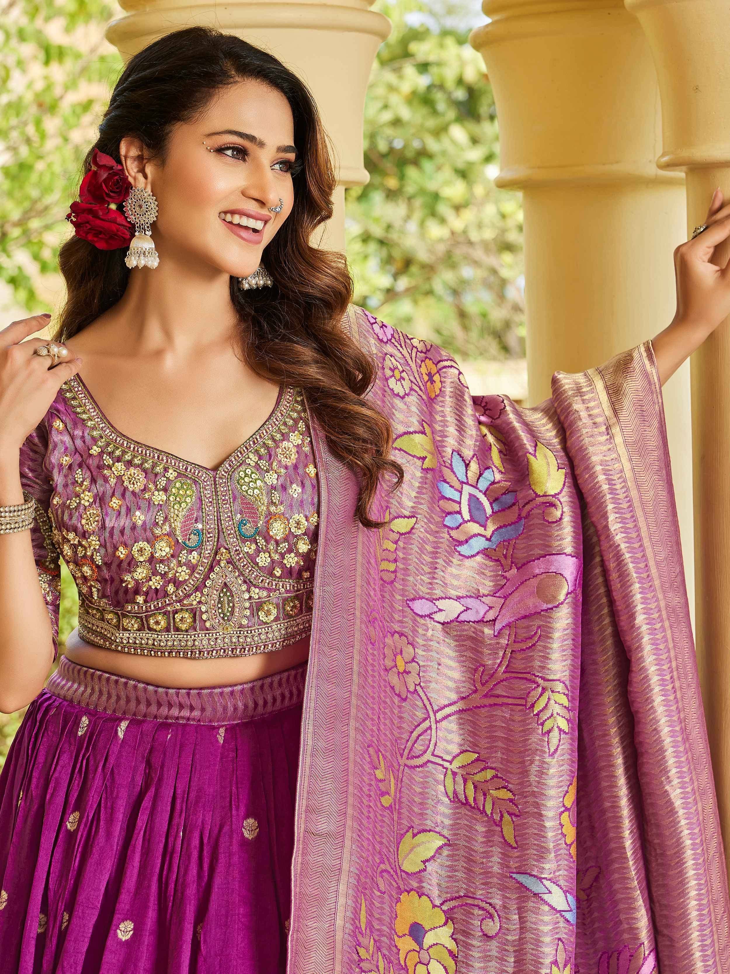 Elegant Pink Zari Weaving Tussar Silk Engagement Wear Lehenga Choli