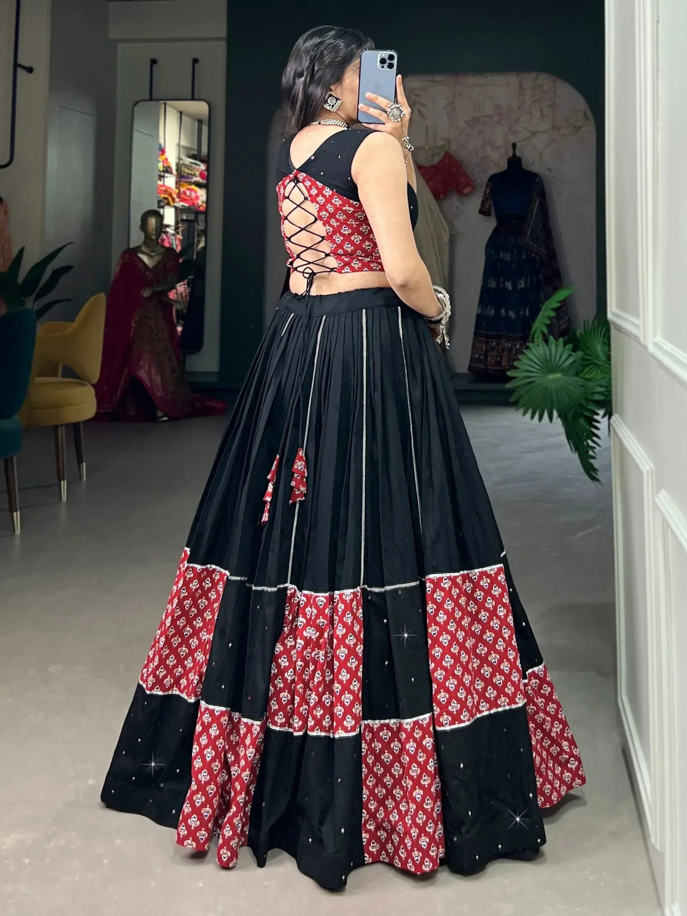 Black and red printed lehenga choli with lace-up back, ethnic wear for women