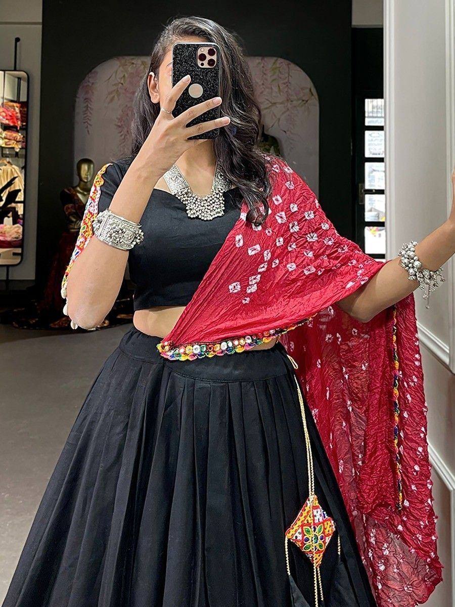 Black lehenga choli with red printed dupatta, ethnic Indian wear for women